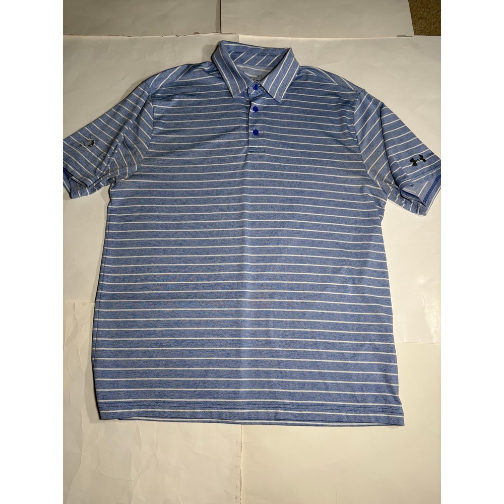 Under Armour HeatGear Golf Polo Shirt Blue Striped Loose Fit Mens Large
